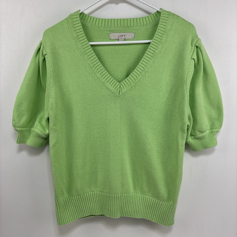 Loft Womens XL Green Knit Puff‎ Sleeve Cotton Sweater Classic Feminine Preppy